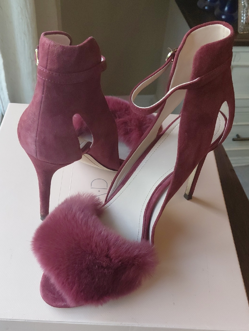 A*D & Daughters Real Rabbit Fur Suede High Heel Sandals - Burgundy 8